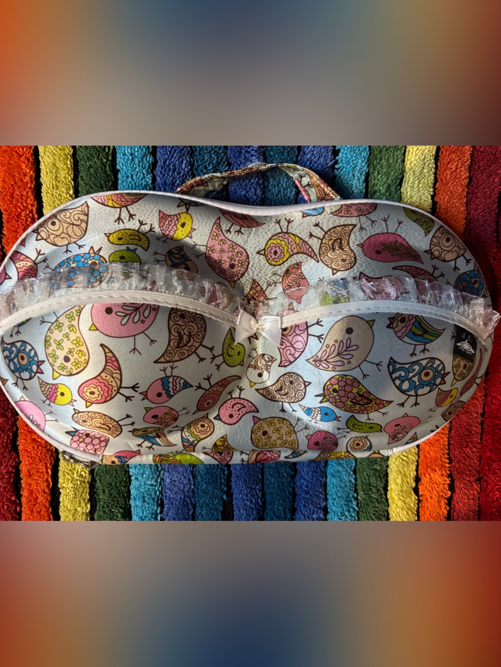 Bird-Print Bra Travel Case - Pink, Blue, Green, Yellow